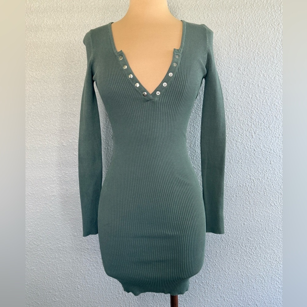 Ribbed V-Neck Long Sleeve Bodycon Dress Size Small